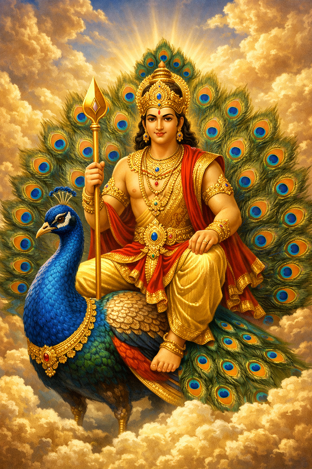 Lord Kartikeya youthful divine warrior seated on peacock Paravani golden skin gold armor holding Vel lance