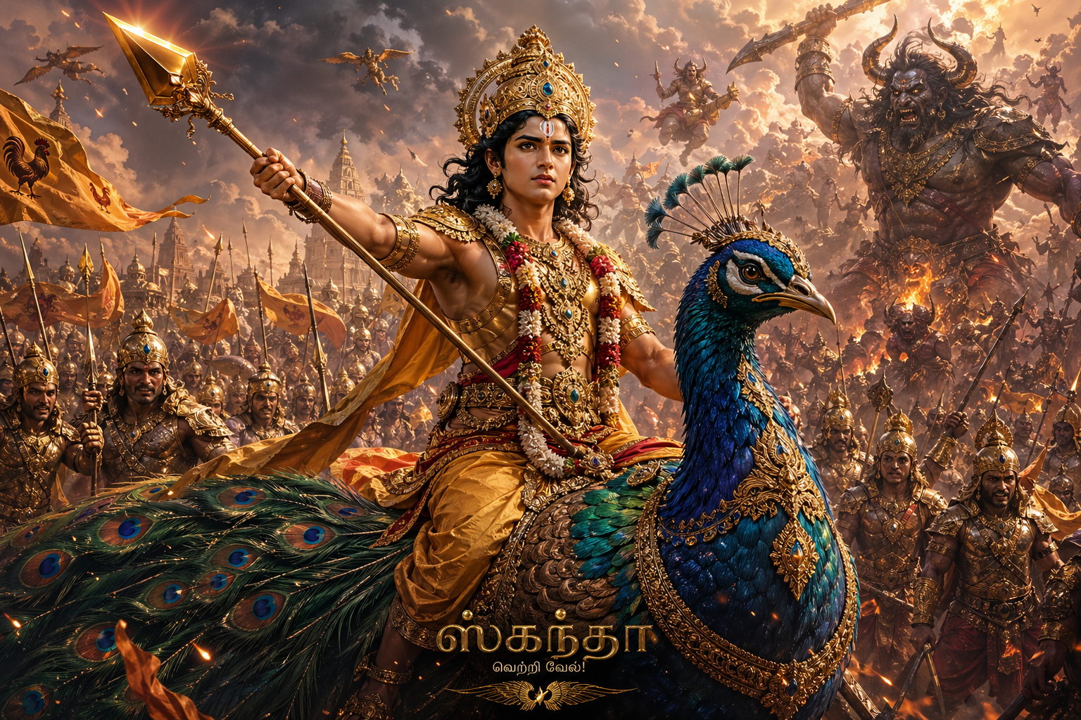 Lord Kartikeya riding peacock wielding Vel leading divine soldiers into epic battle dramatic lighting
