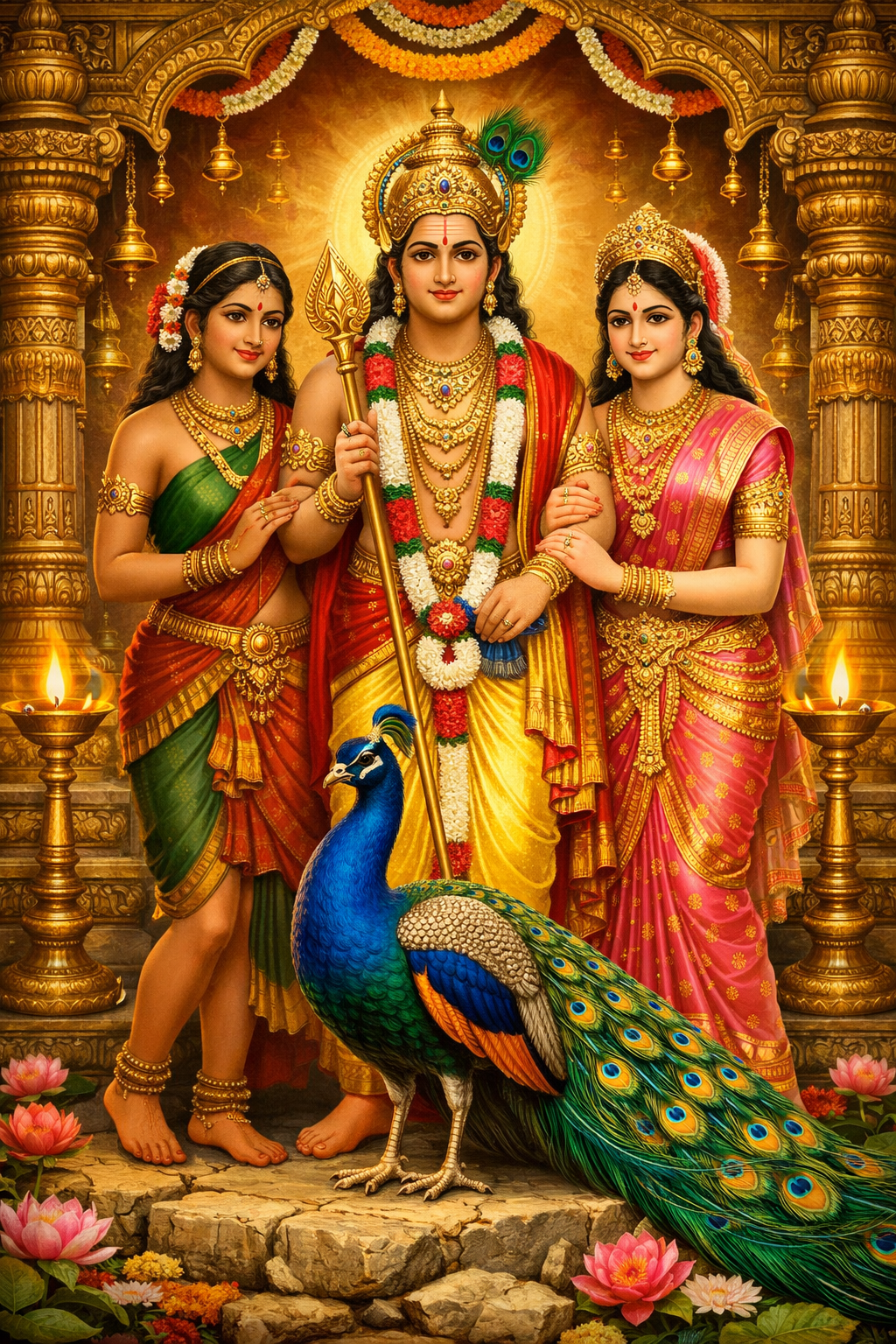 Lord Kartikeya standing between consorts Valli and Devasena with Vel peacock ornate South Indian temple backdrop