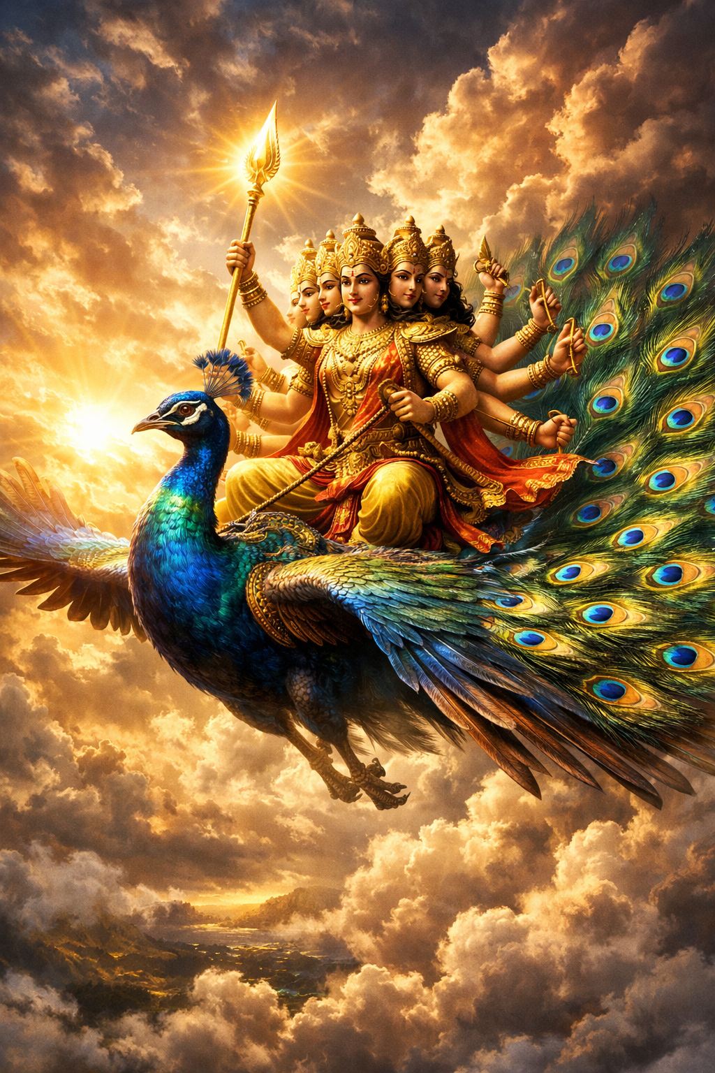 Lord Murugan riding his divine peacock mount in flight across dramatic golden clouds, holding the Vel spear high, peacock feathers fully spread — HD cinematic wallpaper