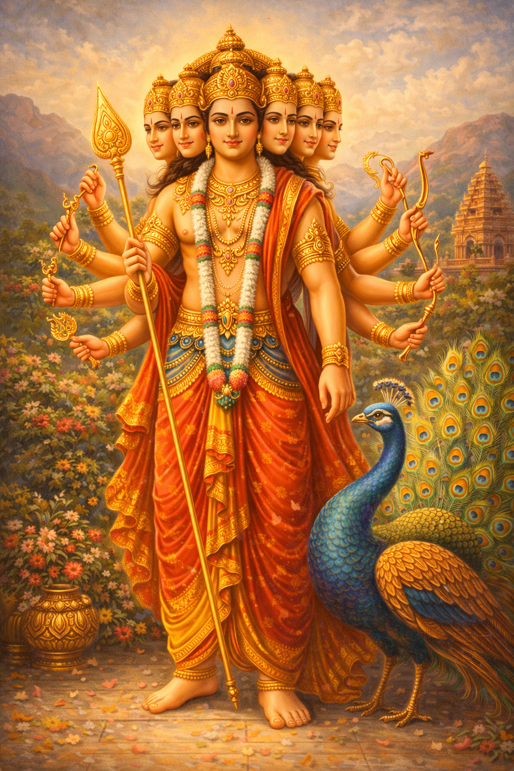 Lord Murugan with Vel Spear and Peacock