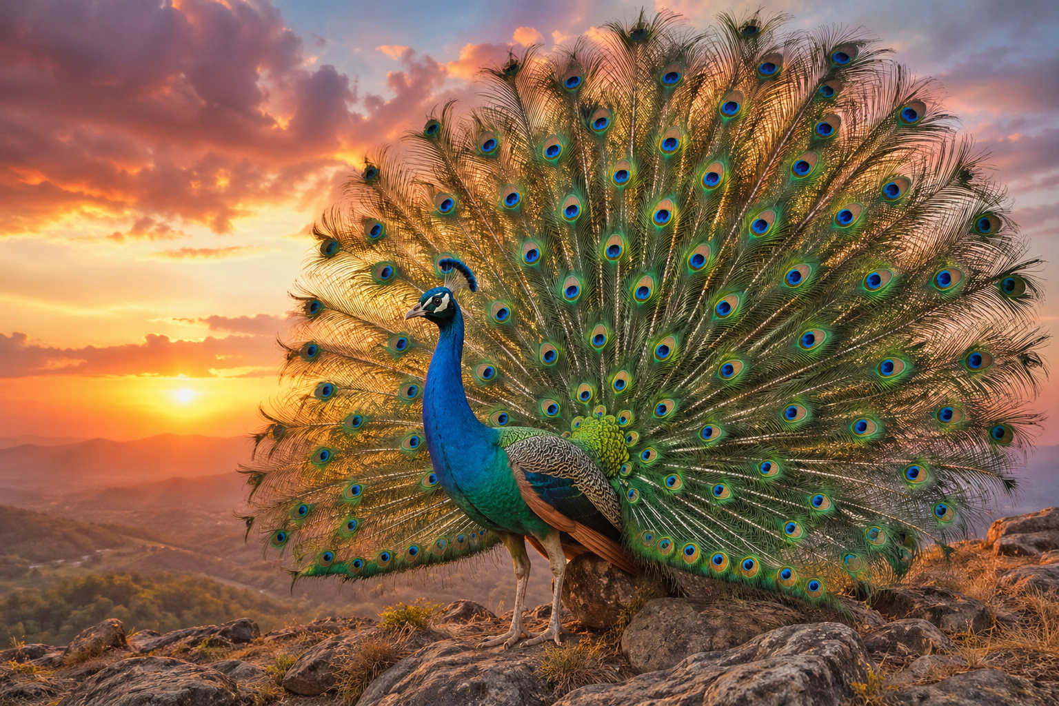 Stunning peacock with fully displayed iridescent tail feathers standing at rocky hilltop sunrise golden light