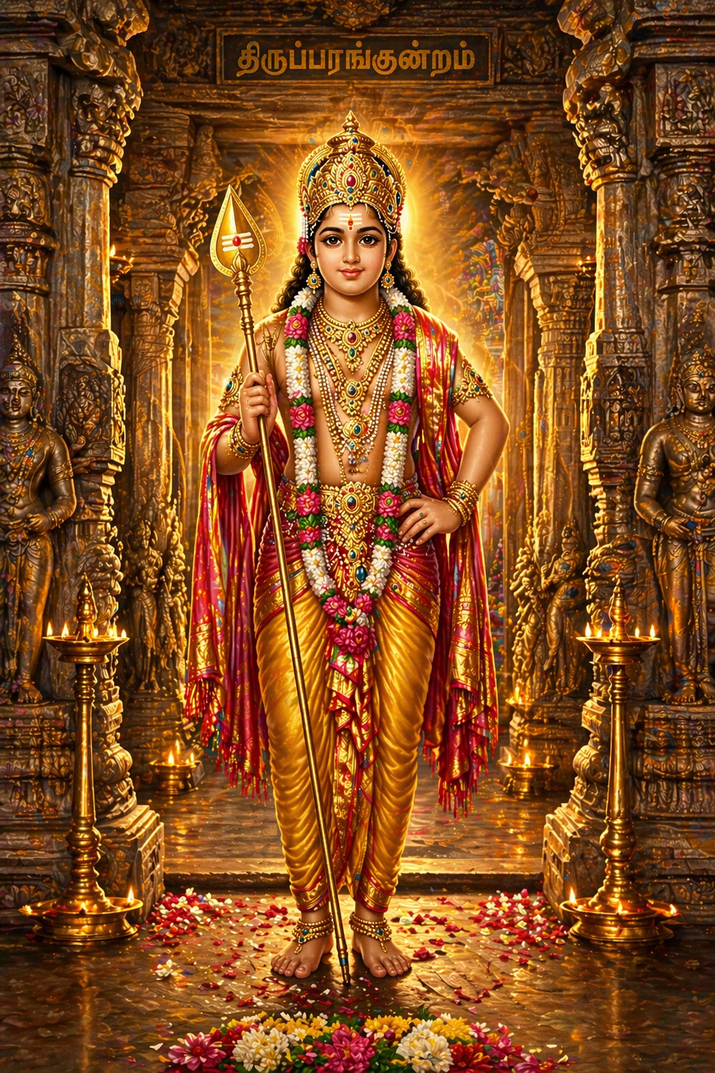 Lord Murugan in temple sanctum Tamil text Thiruparankundram at top ornate pillars golden light divine presence -- murugan at thiruparankundram temple wallpaper