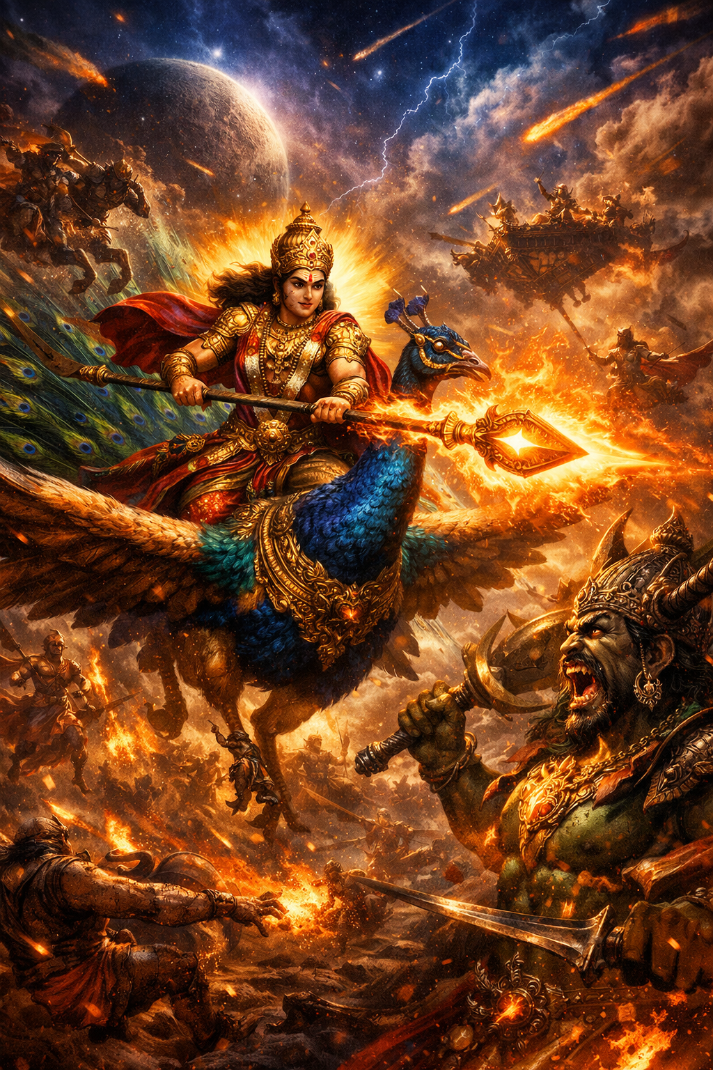 Lord Murugan in chaotic battlefield meteors fire raining dynamic action movie poster style cosmic war against demons -- murugan battle demon army wallpaper