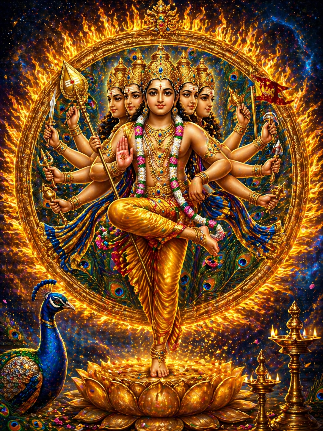 Six-faced Murugan in cosmic dance fire ring golden peacock lotus throne detailed digital art divine radiance -- murugan cosmic dance six faced wallpaper