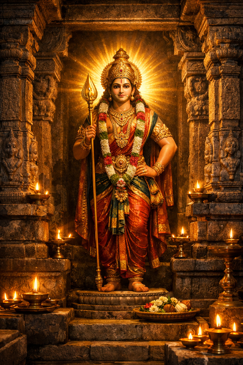 Lord Murugan -- Temple Sanctum Oil Lamps Golden Atmosphere HD Wallpaper