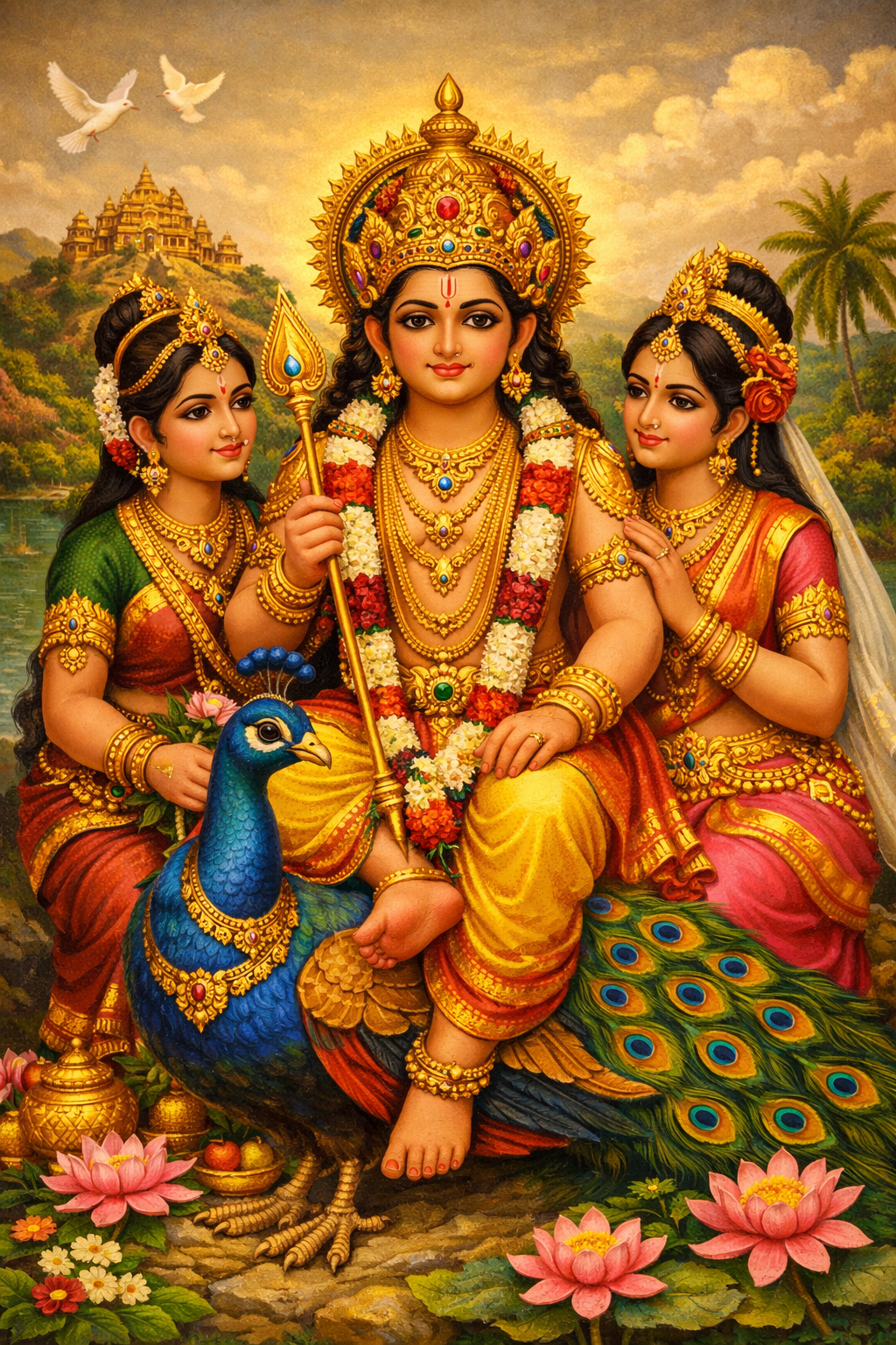 Lord Murugan seated on peacock with Valli and Devasena intimate family portrait lotus flowers oil painting texture warm -- murugan valli devasena seated wallpaper