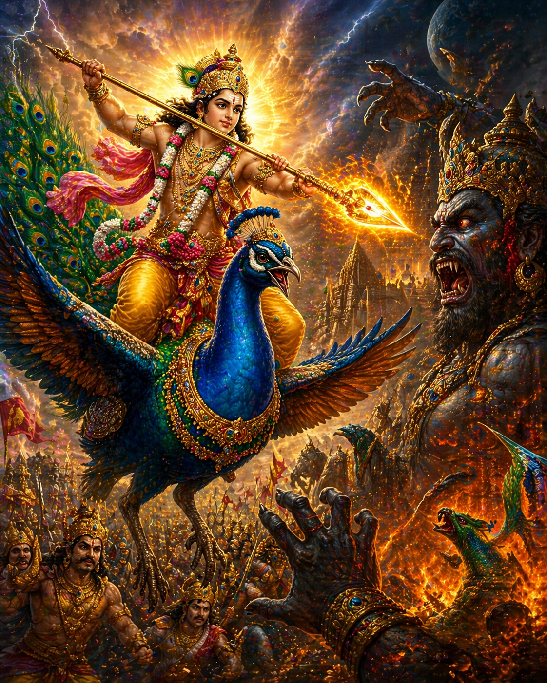 Lord Murugan on peacock charging into battle vel with fire demon Surapadman visible rich detail cosmic warfare -- murugan warrior battle surapadman wallpaper