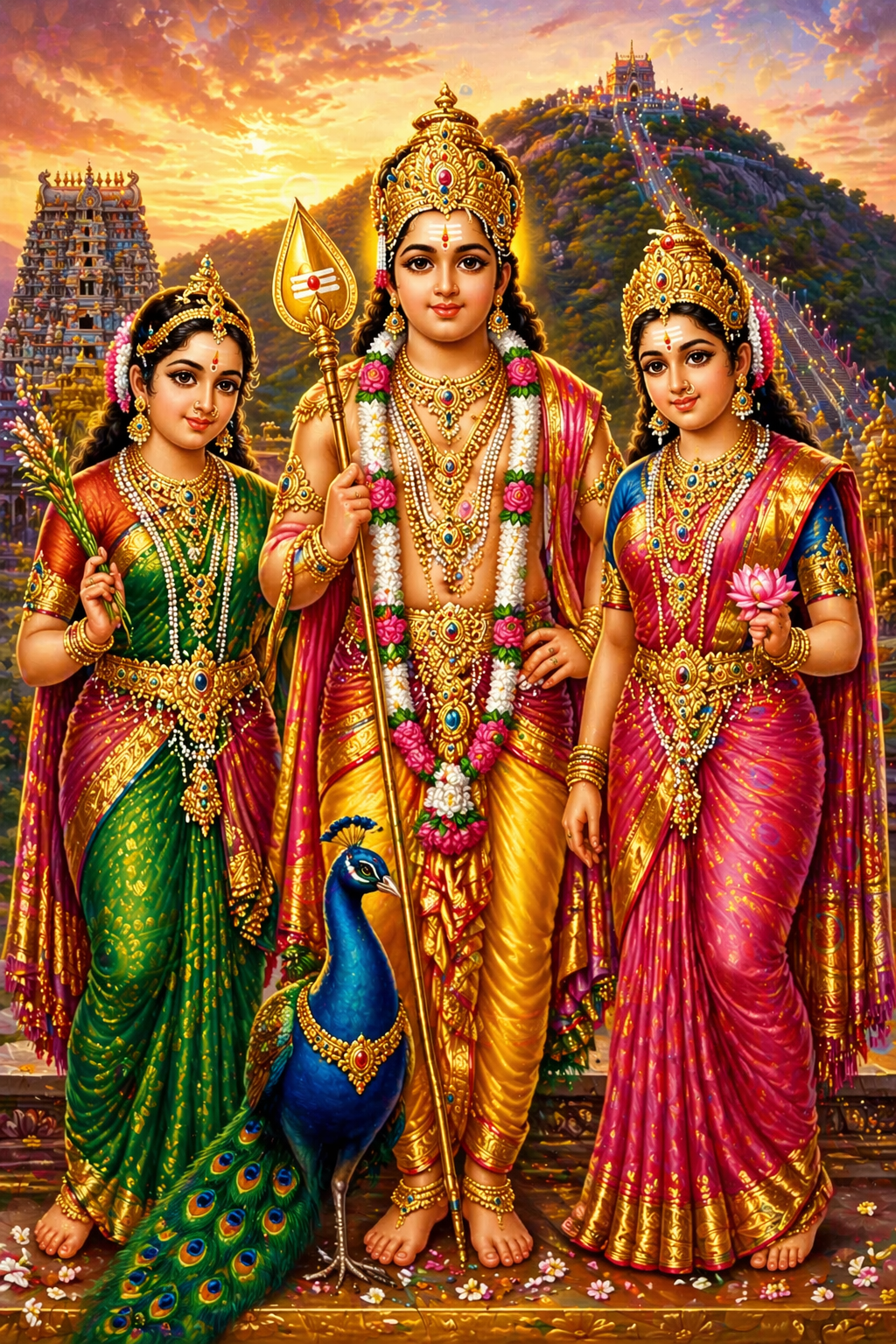 Lord Murugan standing tall with Valli and Devasena on either side vel prominent Palani style temple behind regal pose -- murugan with valli and devasena wallpaper