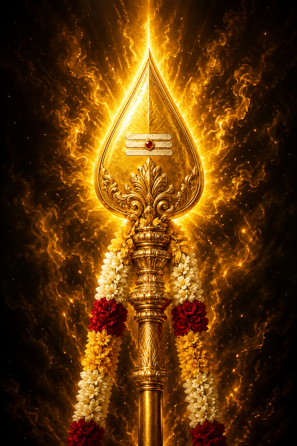 Ornate golden Vel divine lance standing upright decorated with flower garlands emanating divine light dark background