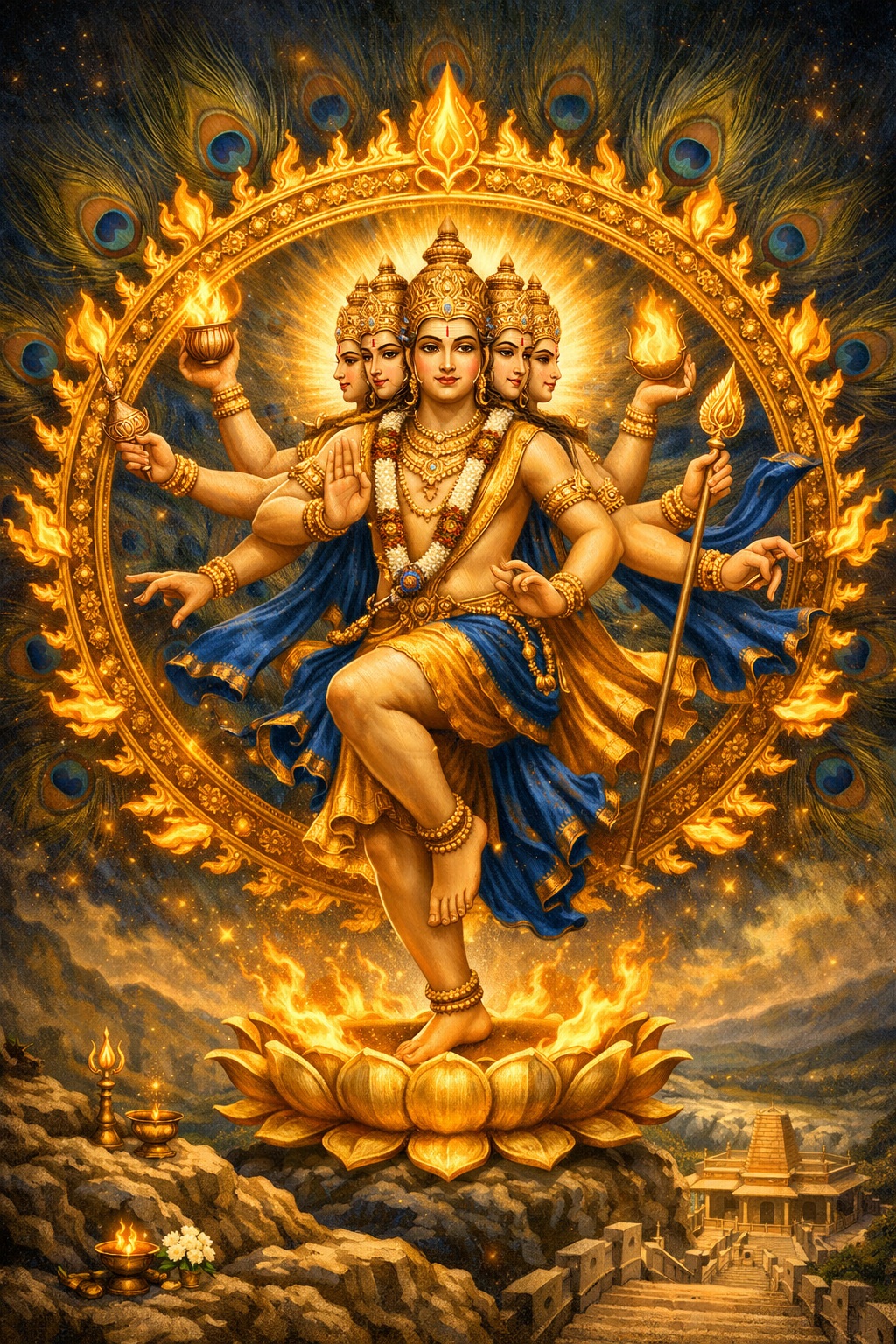 Six-faced Murugan peacock feather halo blue and gold more painterly style fire ring cosmic background divine -- shanmuga six faces cosmic wallpaper