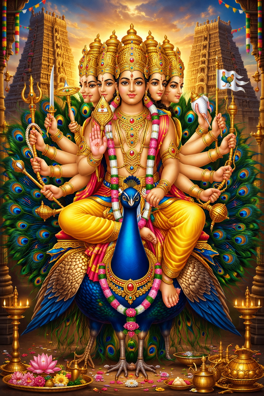 Shanmukha — Six-Faced Lord Murugan on Peacock Throne