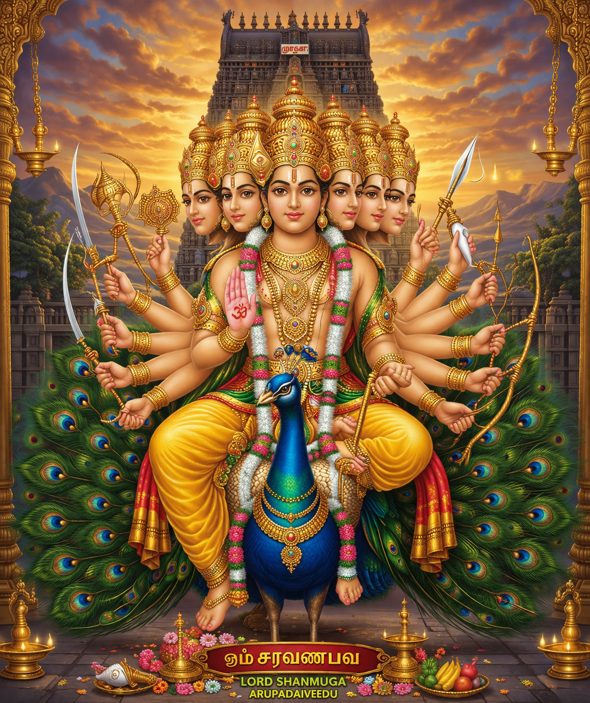 Lord Shanmuga Murugan — Traditional Temple Calendar Art