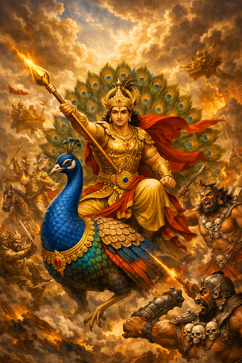 Kartikeya as Skanda commander leading celestial army on peacock against Tarakasura dramatic battle sky