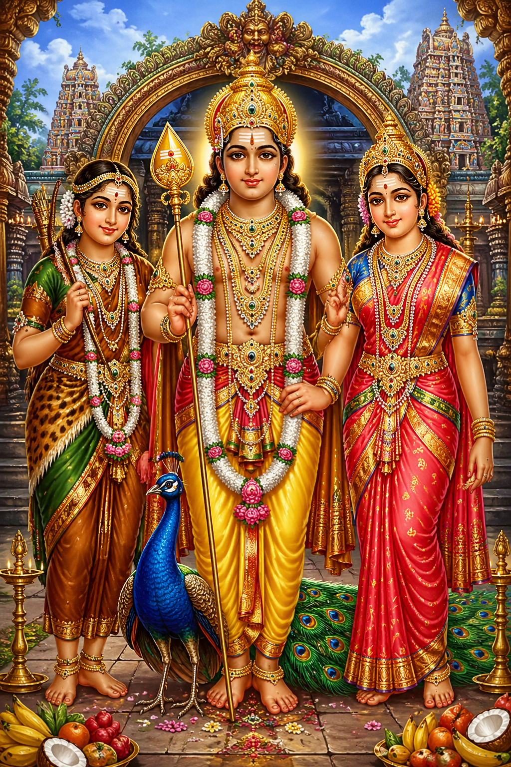 Subramanya Kartikeya between Valli and Devasena traditional South Indian devotional calendar art style