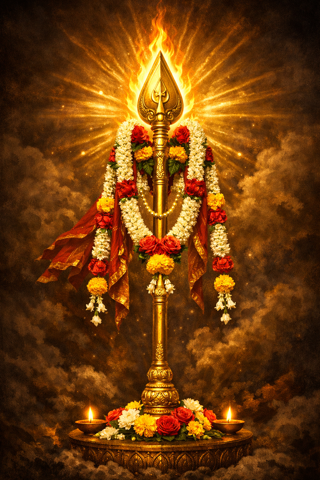 Vel spear ornate golden with divine flame emanating from tip flower garlands on dark background devotional art