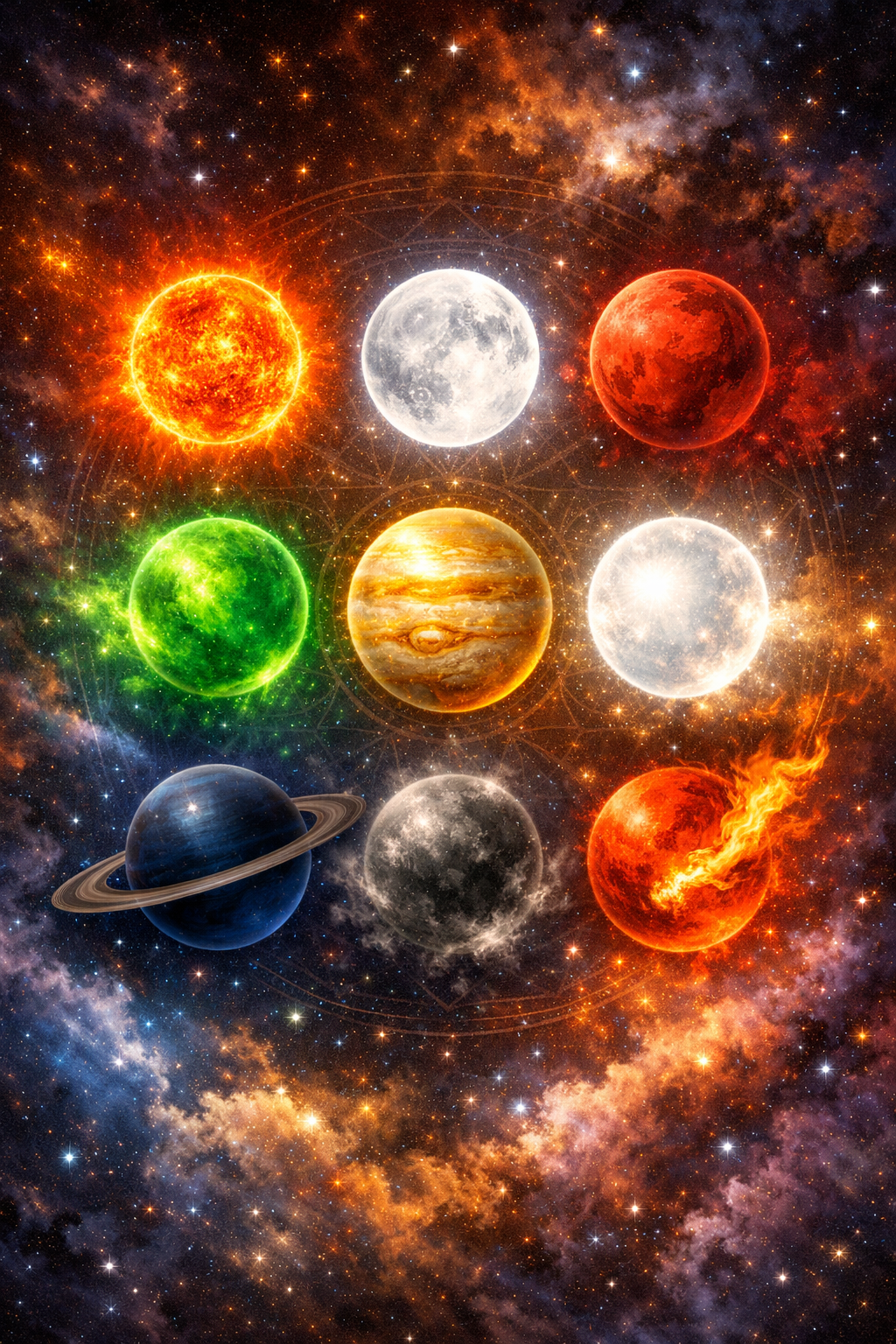 Navagraha nine planets wallpaper with colorful celestial bodies arranged against cosmic space background