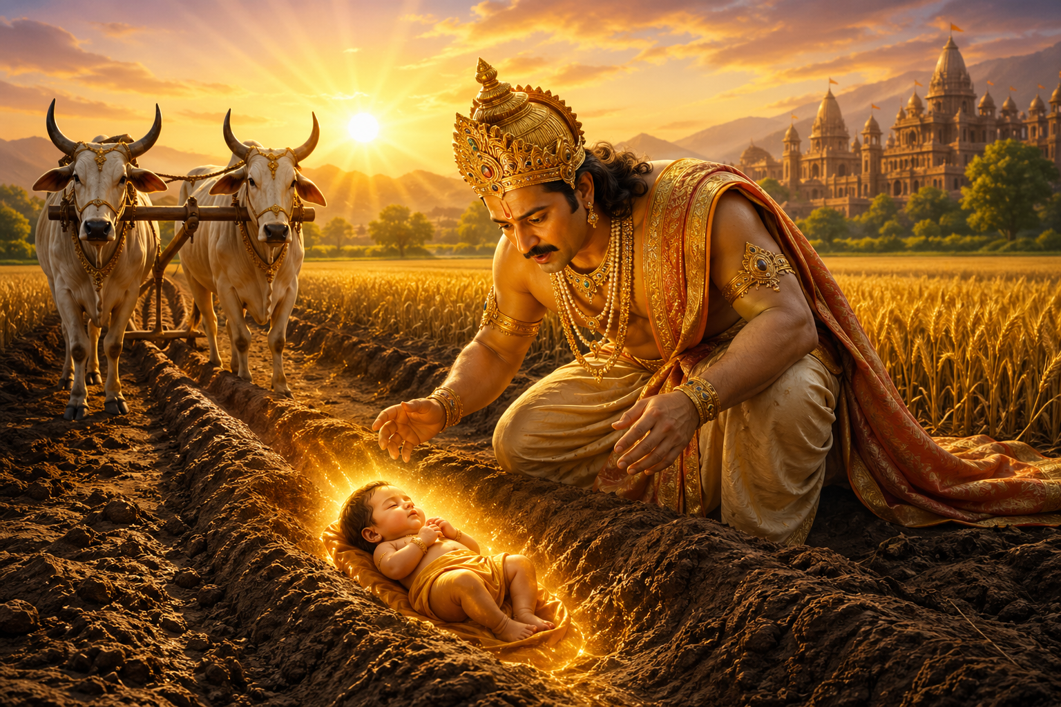 Golden baby Sita lying in plowed furrow in field glowing divine light King Janaka looking down sunrise wheat field
