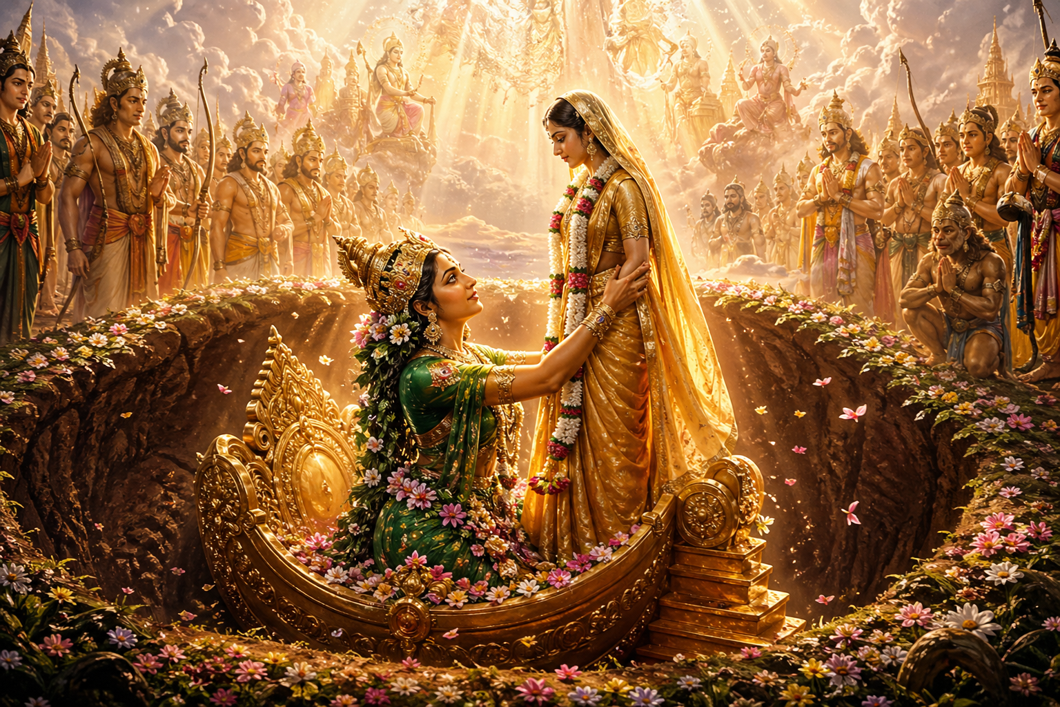 Earth opening to embrace Sita golden throne rising from ground divine light flowers Bhumi Devi receiving daughter