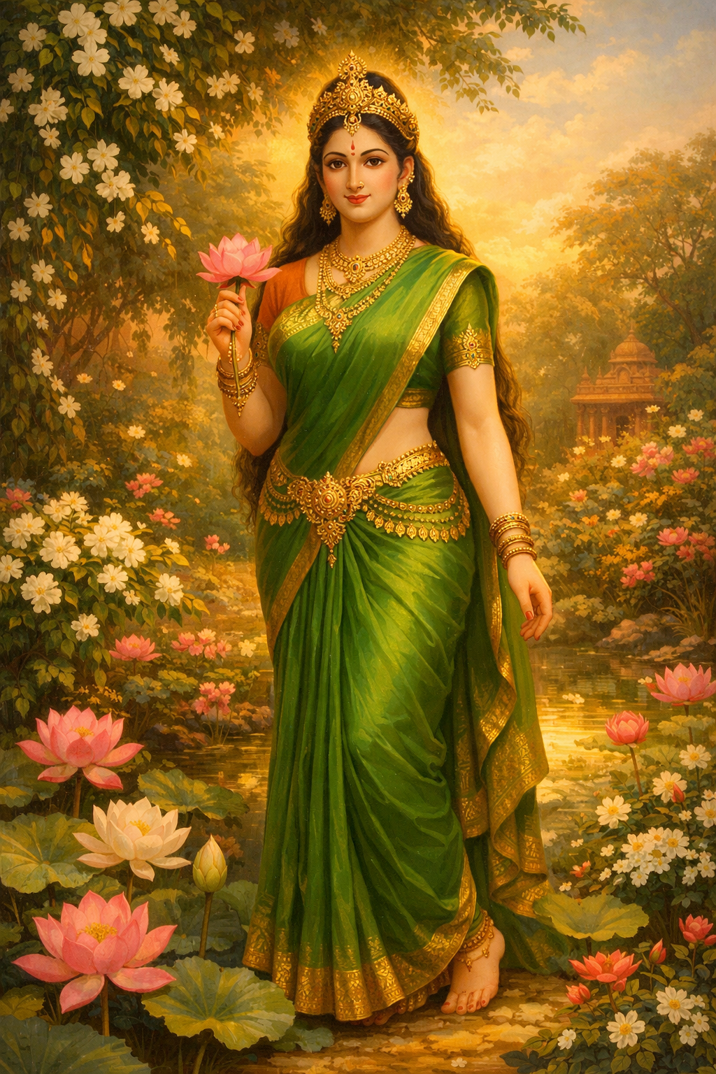 Goddess Sita standing gracefully in garden fair golden skin green silk sari gold jewelry lotus flower jasmine