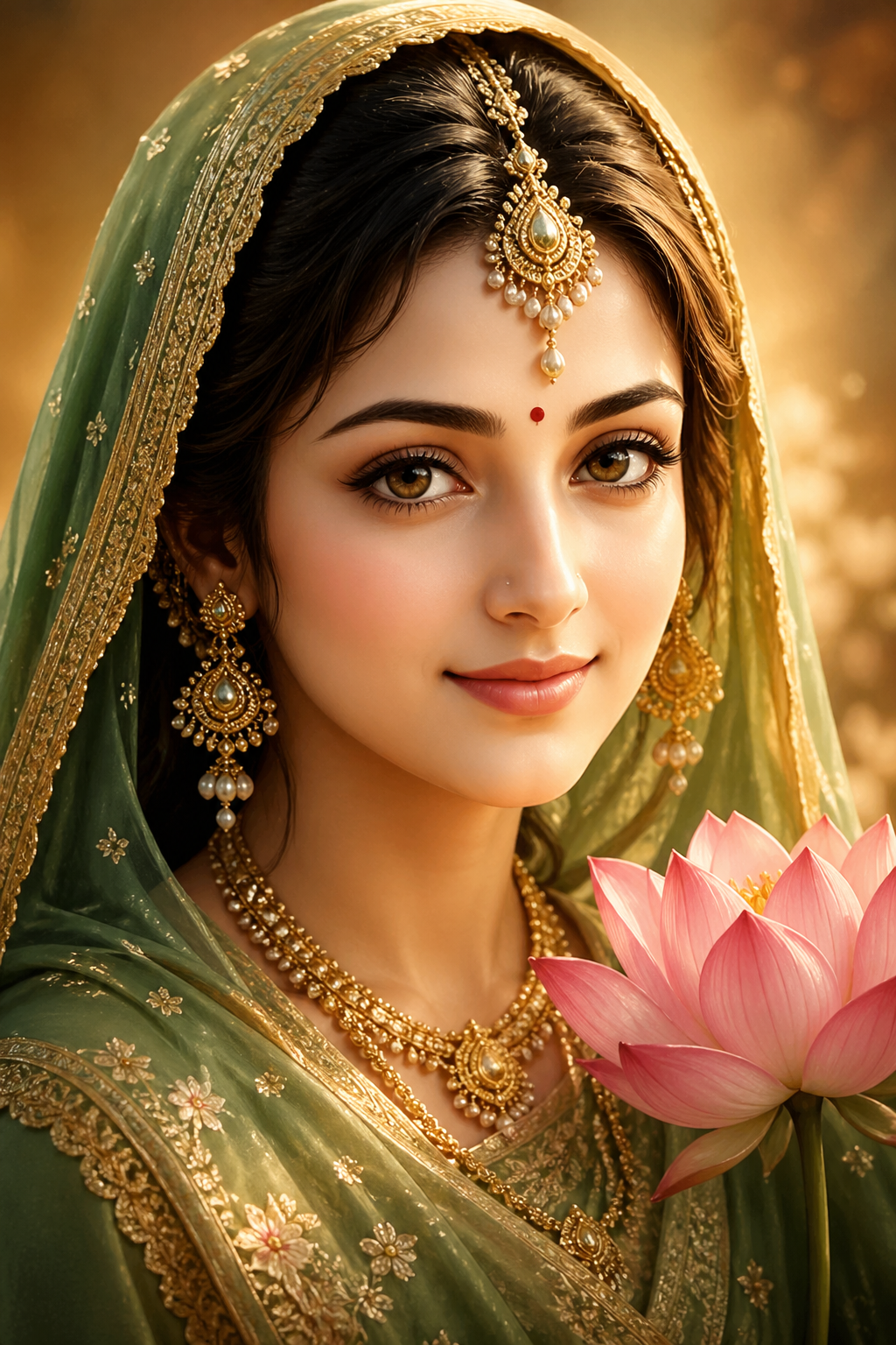 Goddess Sita close-up portrait fair skin gentle brown eyes green sari gold maang tikka lotus near face