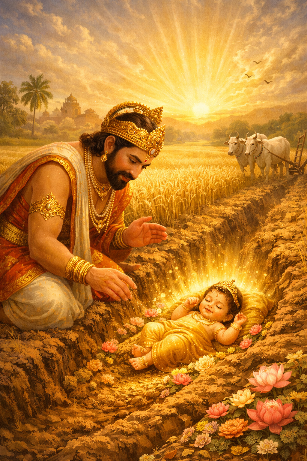 King Janaka discovering baby Sita in plowed field golden wheat agricultural landscape divine glow sunrise