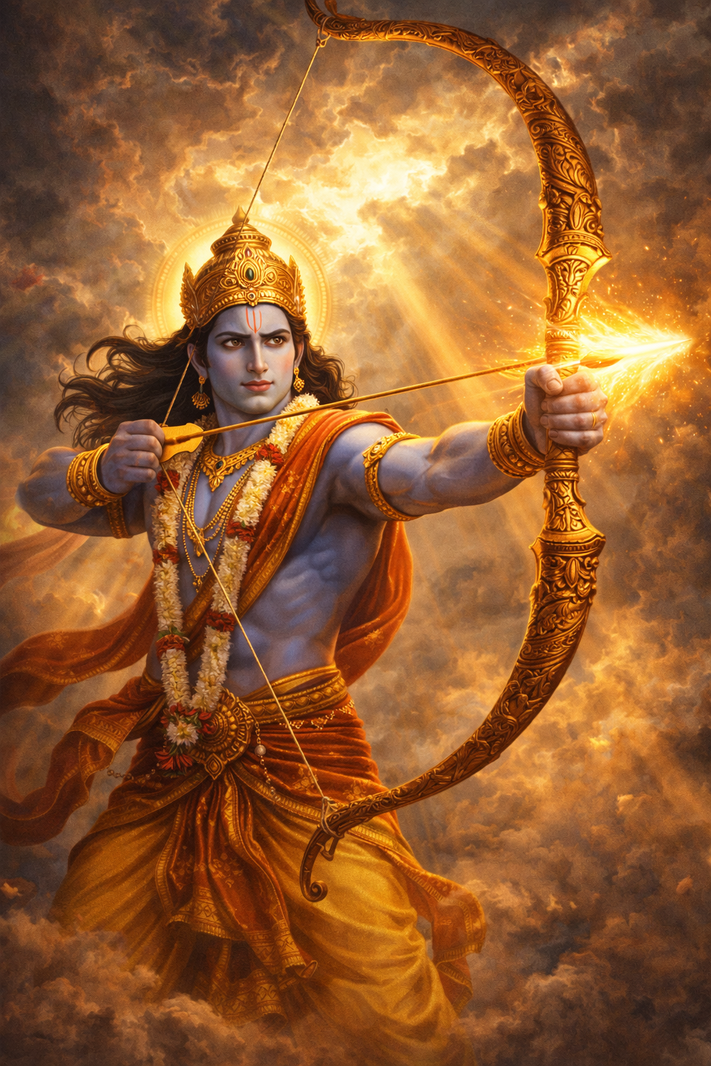 Lord Rama standing heroically with bow drawn, aiming a glowing divine arrow, blue skin, determined expression, dramatic golden sky — HD cinematic wallpaper
