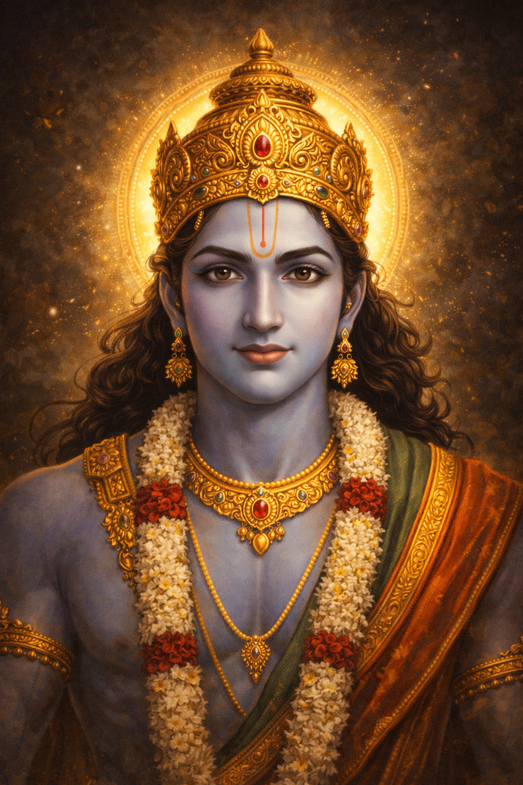 Close-up portrait of Lord Rama — blue skin, compassionate eyes, golden jeweled crown, tilak on forehead, divine golden halo — HD hyper-detailed devotional wallpaper