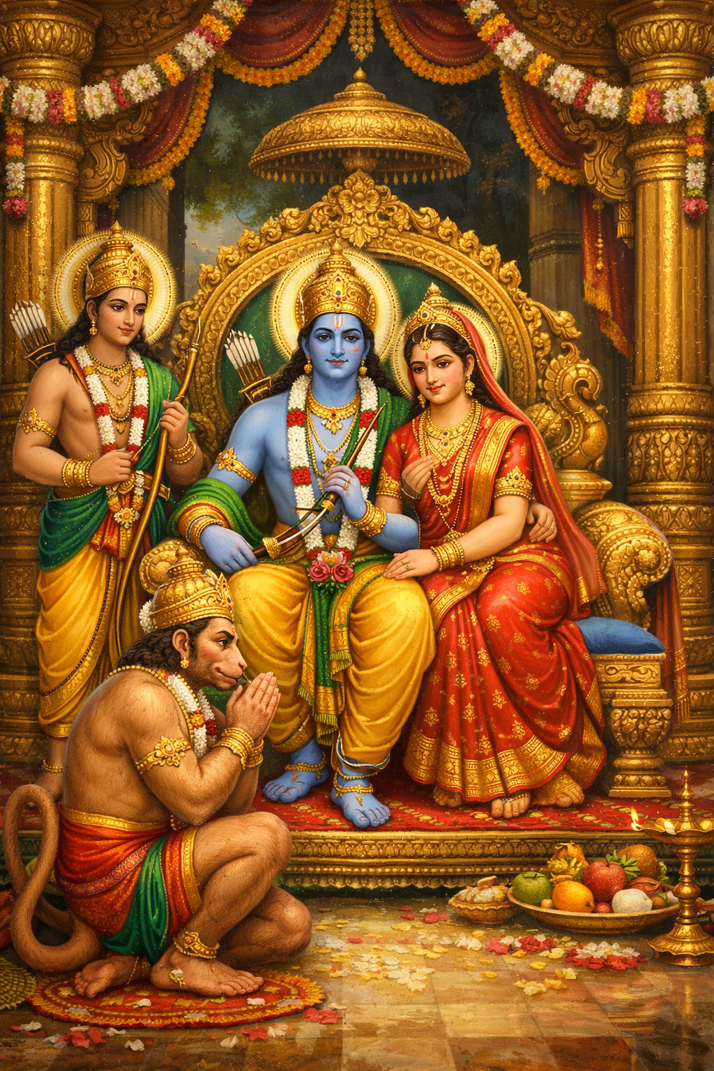Ram Darbar — Lord Rama on Golden Throne with Sita, Lakshmana & Hanuman