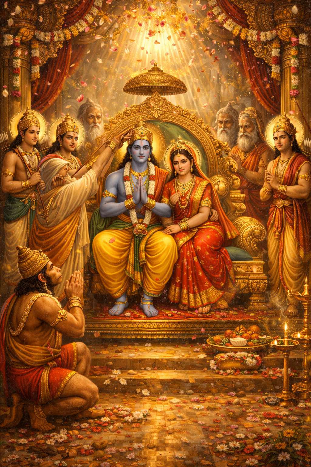 Lord Rama being crowned king of Ayodhya with Sita beside him, Hanuman kneeling, Lakshmana and sages surrounding, celestial flowers raining — HD Ramayana devotional wallpaper