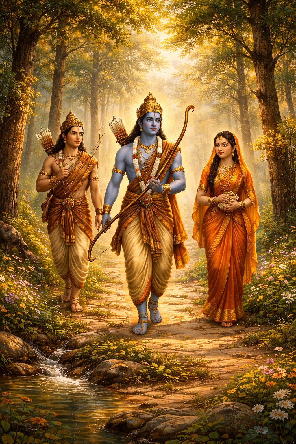 Rama, Lakshmana & Sita Walking Through the Forest — 14-Year Exile
