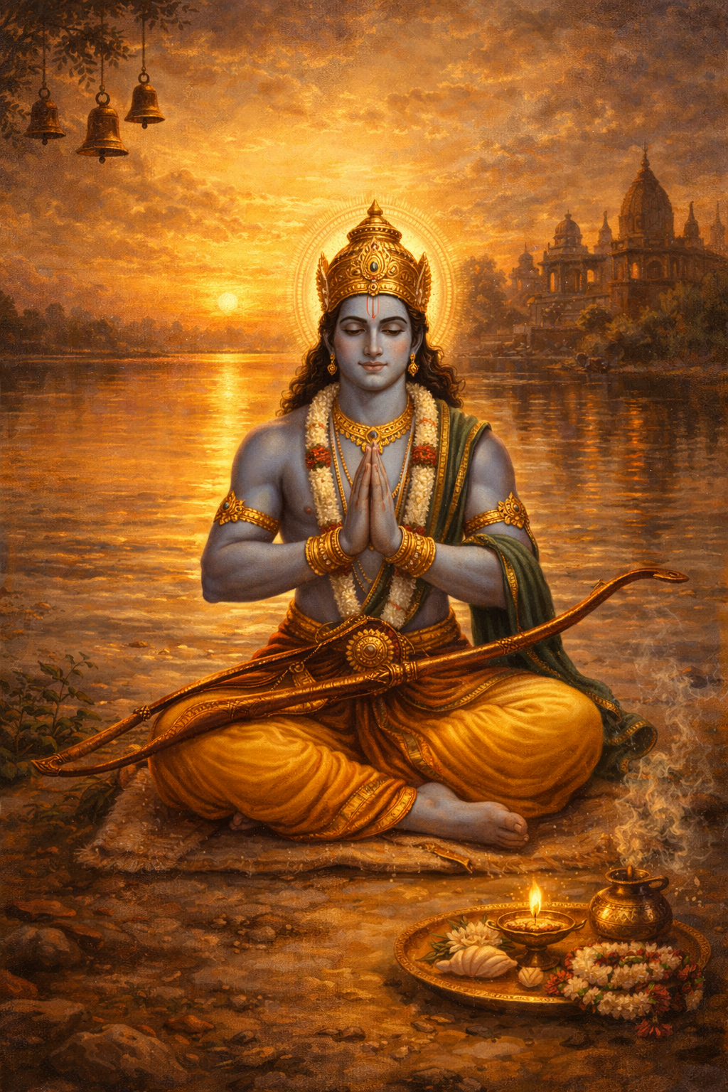 Lord Rama seated in meditation on the banks of river Sarayu at golden sunset, blue skin, bow beside him, temple bells, oil lamp — HD spiritual wallpaper