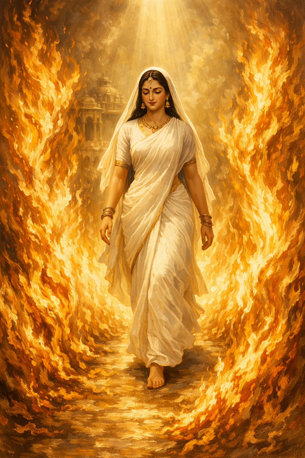 Sita performing Agni Pariksha with divine flames parting around her serene dignified powerful golden light