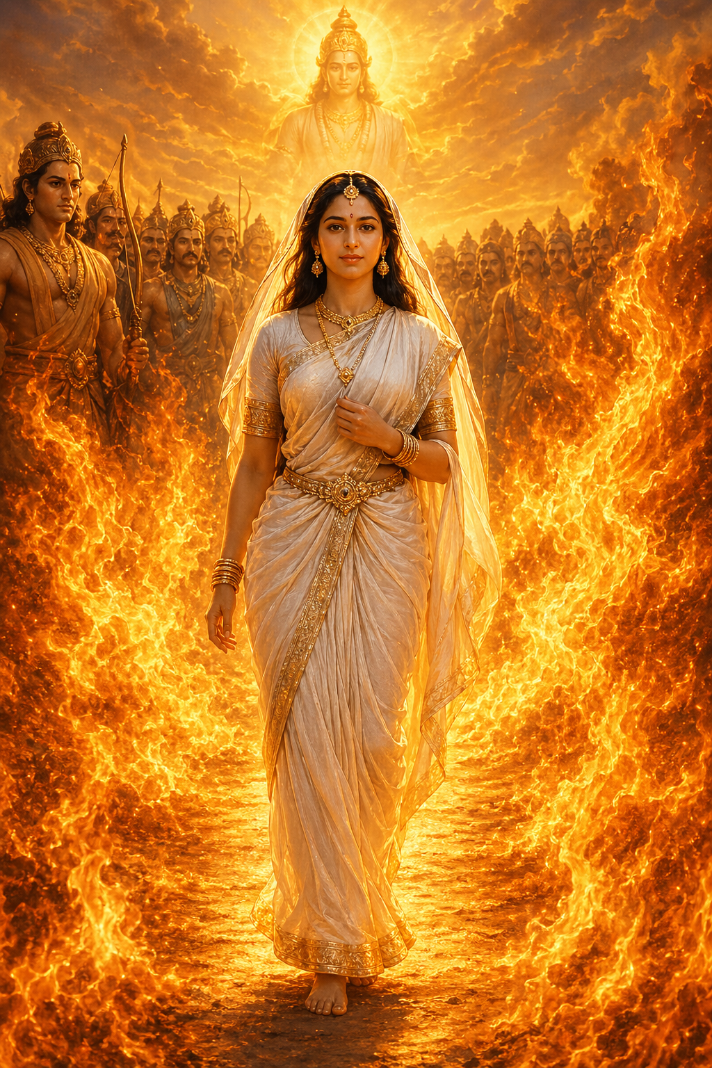 Sita walking calmly through divine flames unharmed white garments serene expression golden fire light
