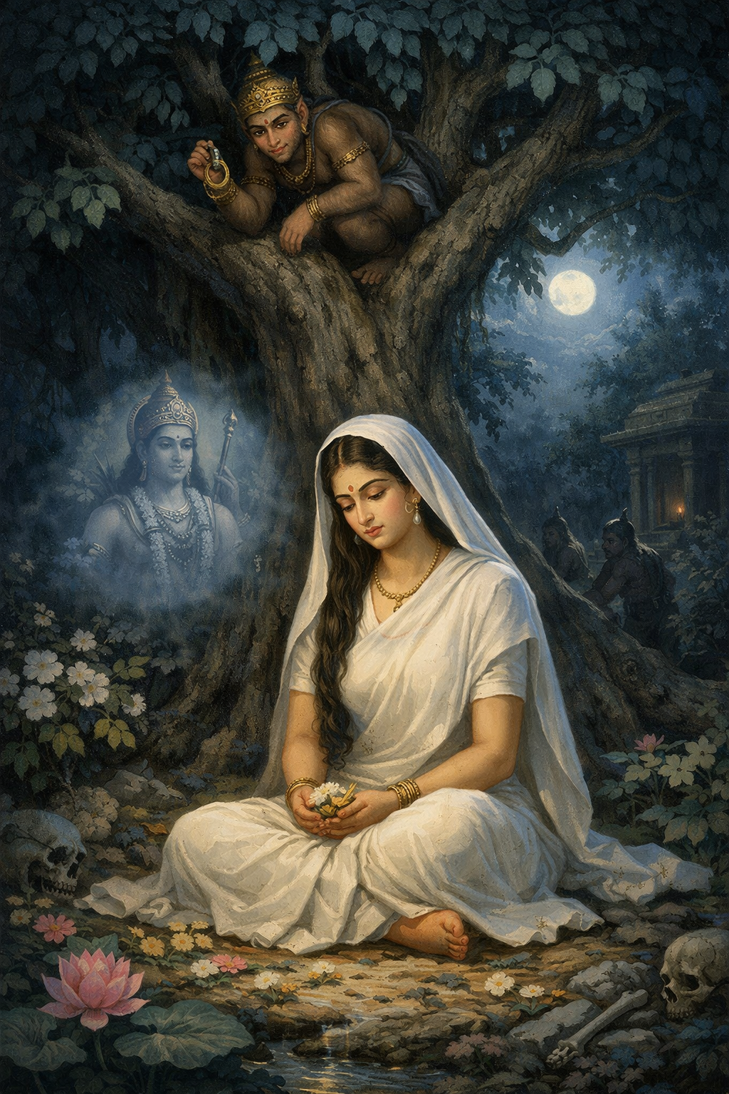Sita meditating under Ashoka tree in Lanka with Hanuman hiding in branches holding Rama ring at night