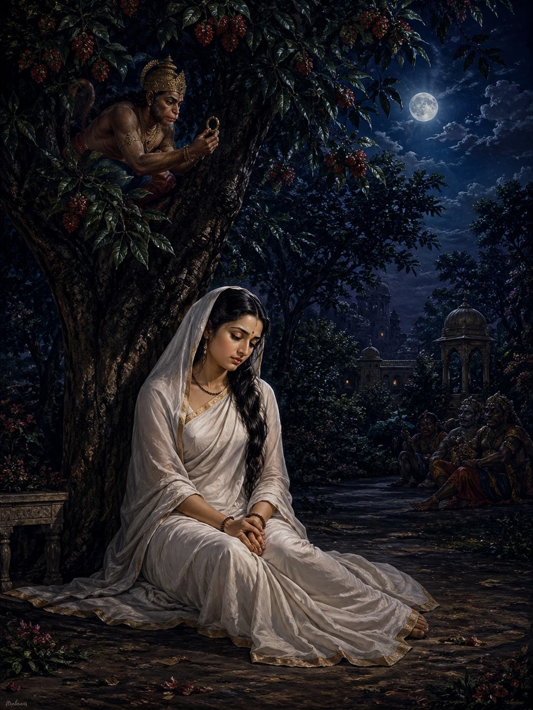 Sita seated beneath Ashoka tree in Lanka dressed in white meditating moonlight dark garden Hanuman hidden above