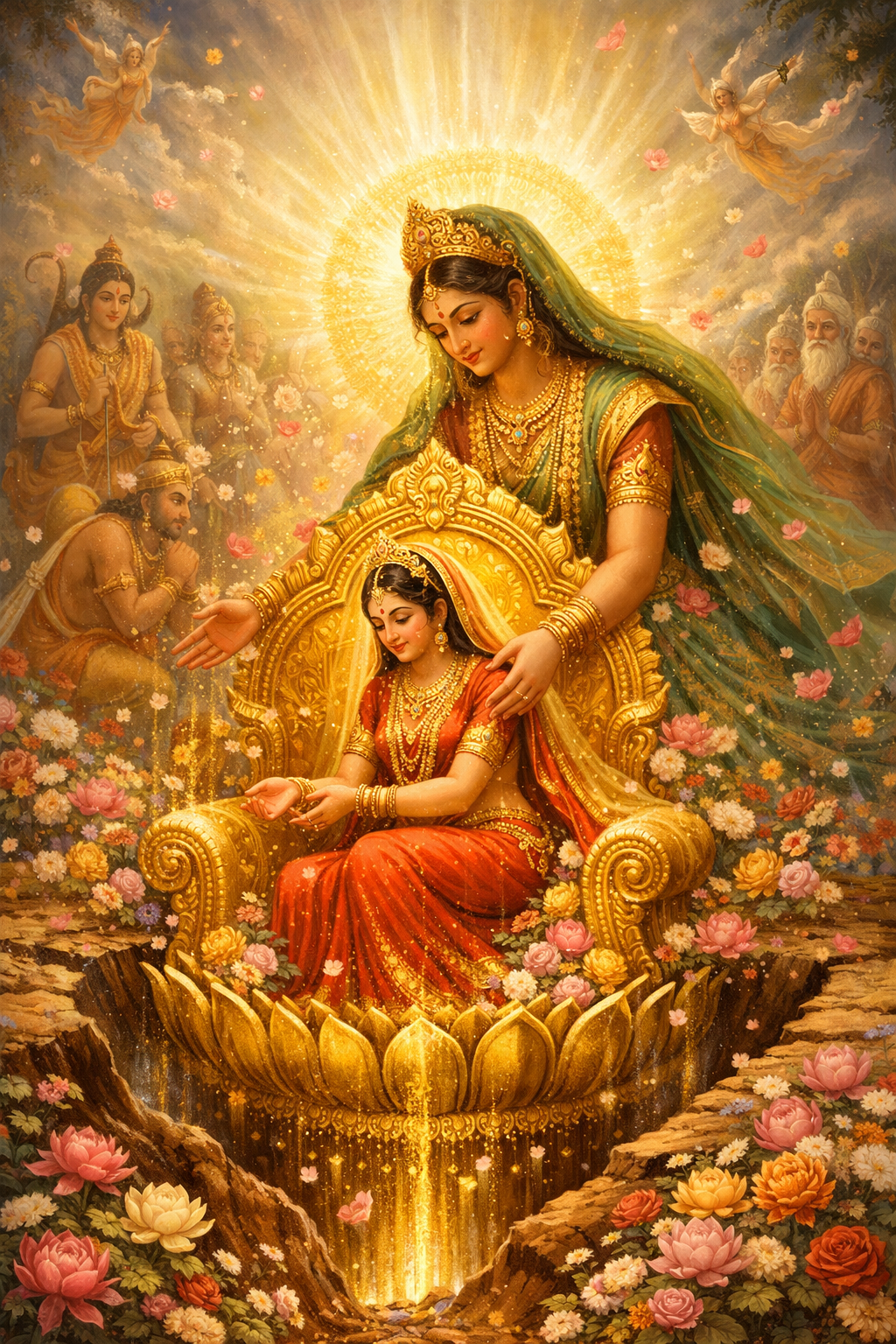 Sita descending into earth on golden throne surrounded by divine light and flowers with Bhumi Devi waiting