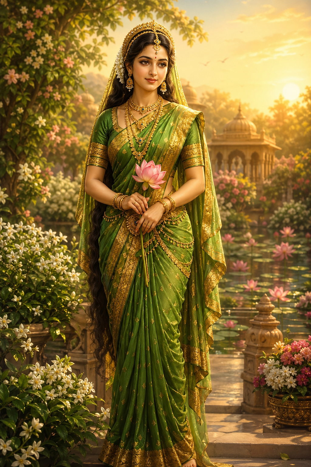 Sita Devi in green sari at lotus pond with golden warm light holding lotus flower serene expression