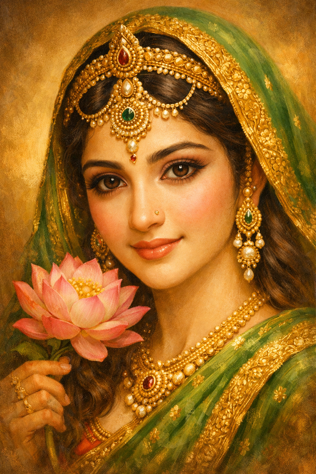 Sita Devi portrait classical style fair skin subtle smile green sari elaborate gold headpiece warm background