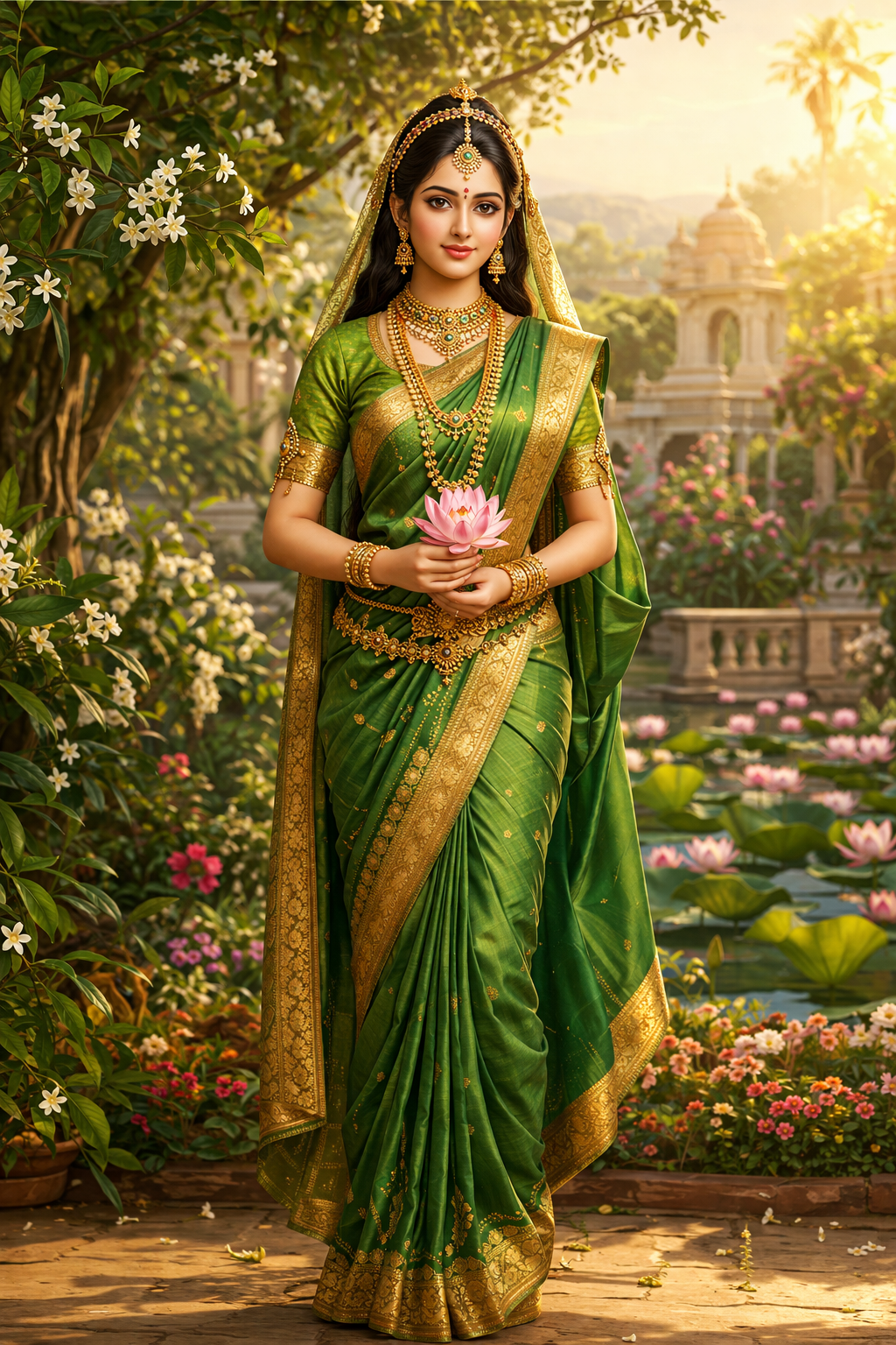 Goddess Sita standing in flowering garden classical Indian devotional art style with gold ornaments and green sari
