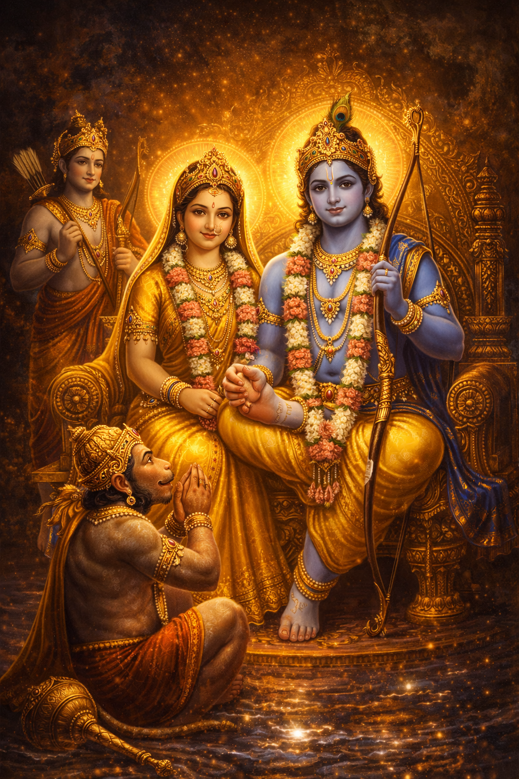Lord Rama seated on throne with Sita beside him, Hanuman kneeling devotionally at their feet, Lakshmana standing guard, Ram Darbar, dark dramatic golden light -- HD wallpaper