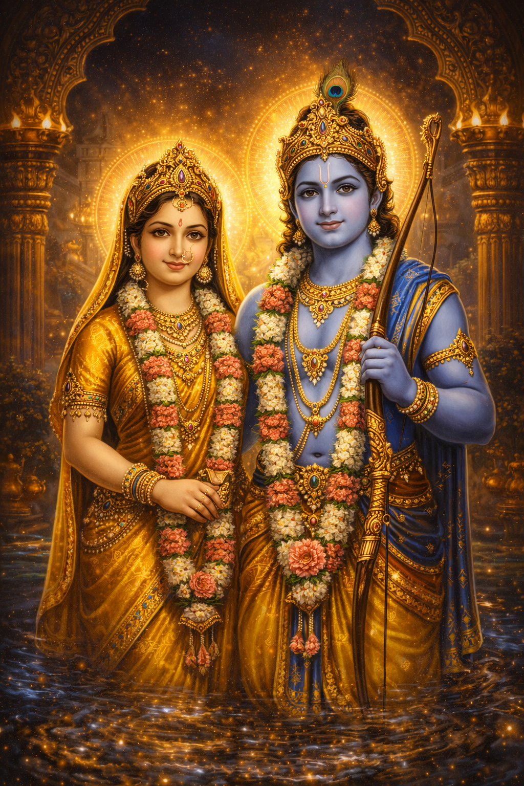 Lord Rama blue skin with bow and Goddess Sita golden sari standing together as divine couple, golden halos, flower garlands, palace backdrop -- HD wallpaper