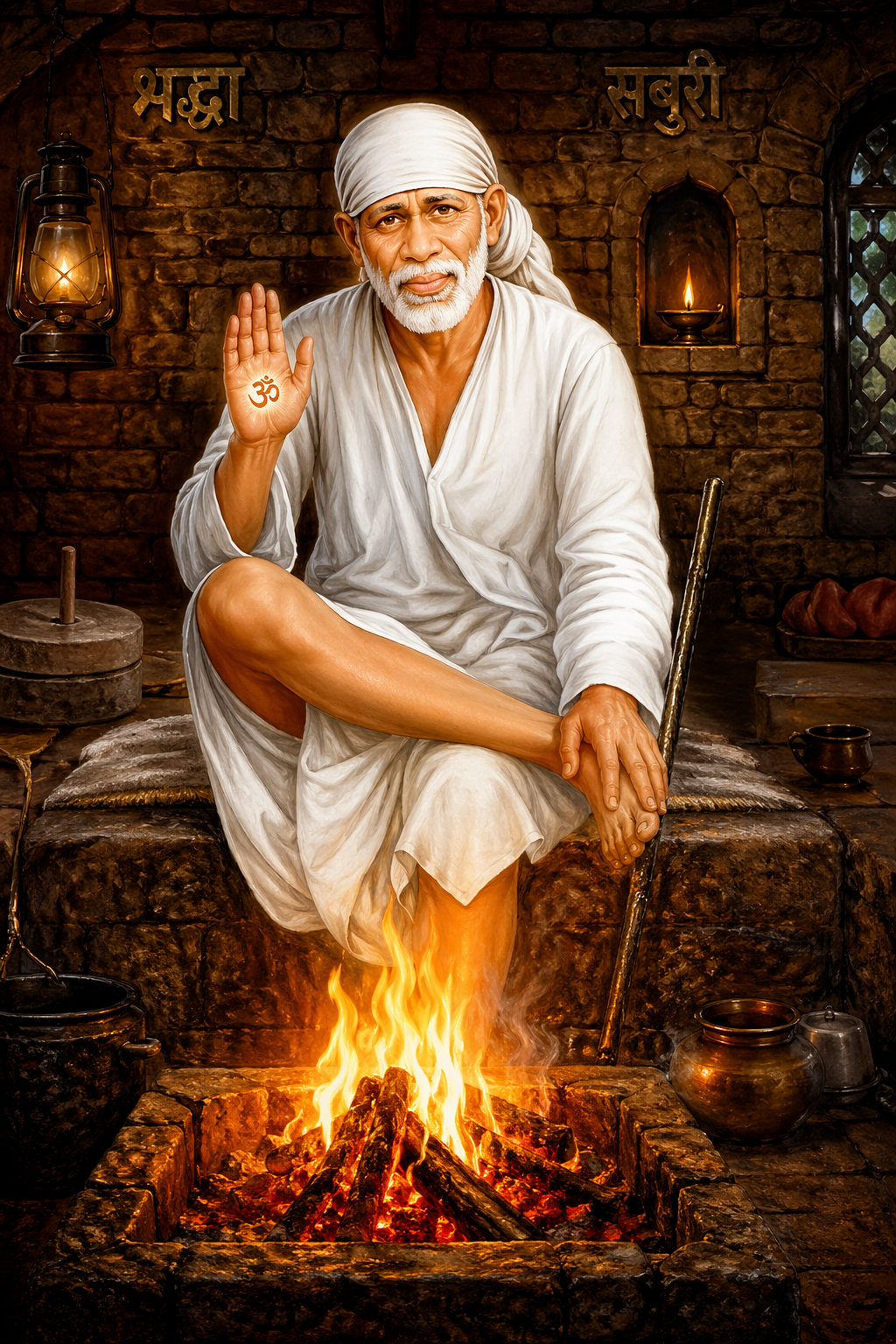 Shirdi Sai Baba Blessing at Dwarkamai Sacred Fire HD Wallpaper