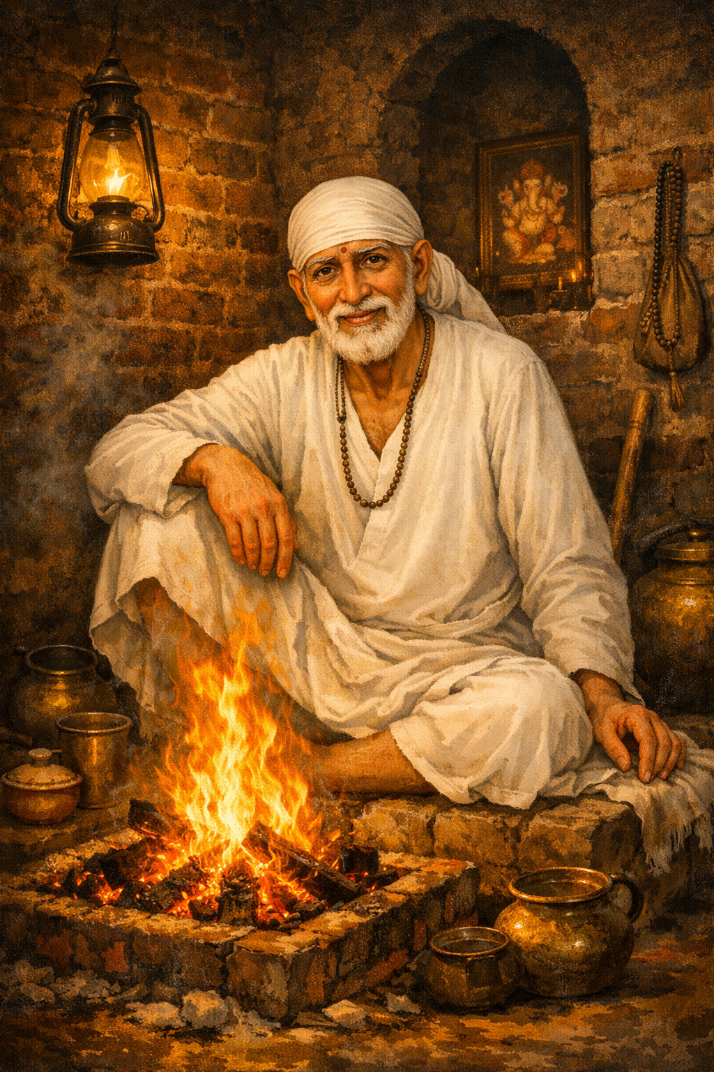 Sai Baba Seated by Dhuni — Warm Dwarkamai Scene HD Wallpaper