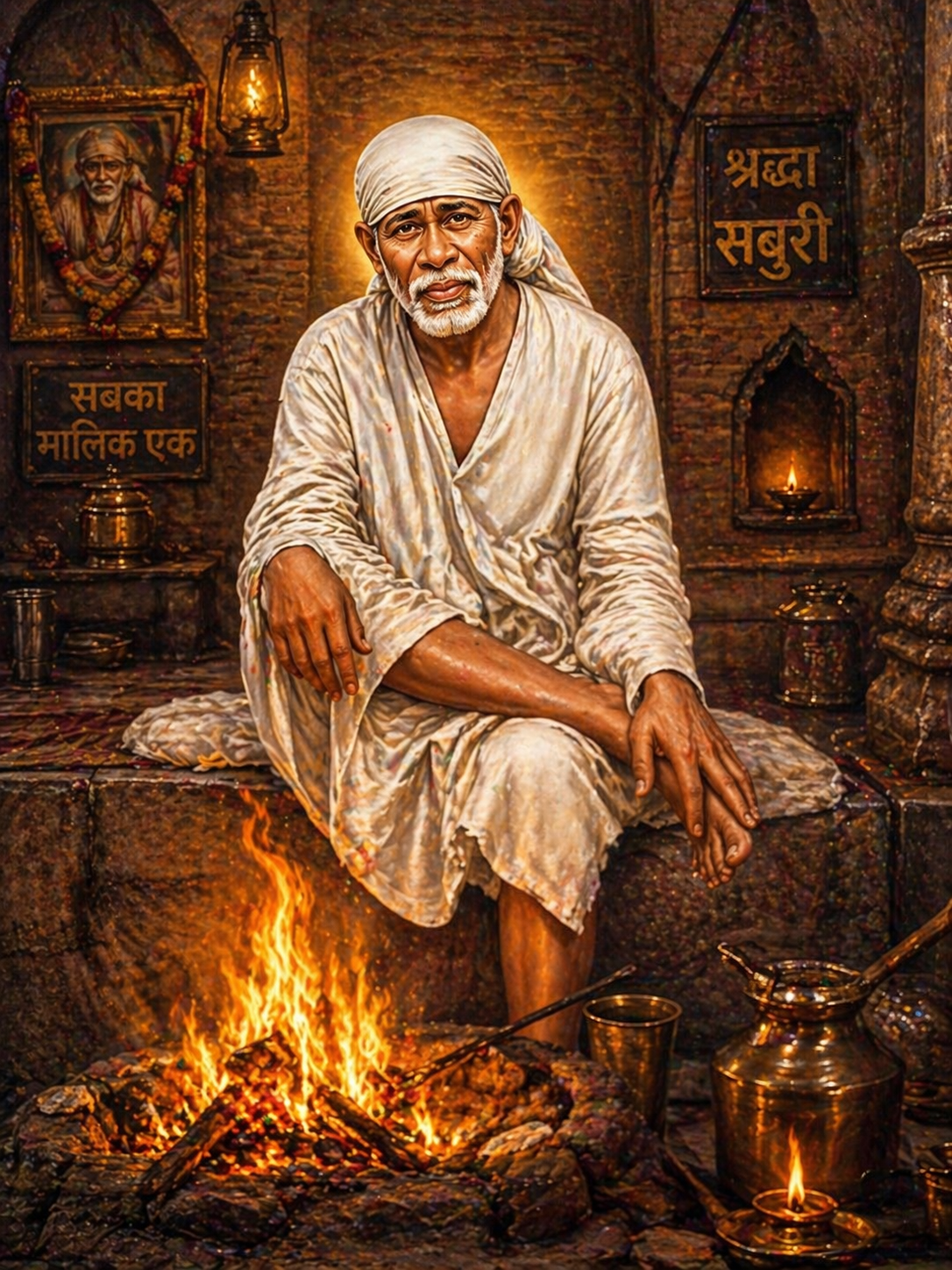 Shirdi Sai Baba in Dwarkamai with Sacred Dhuni Fire HD Wallpaper