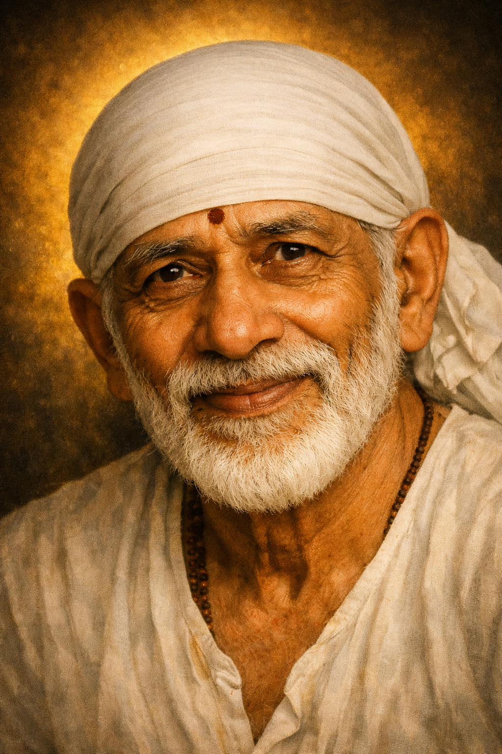 Sai Baba Gentle Portrait — Warm Golden Glow HD Wallpaper