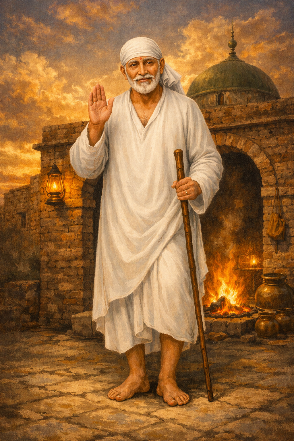 Sai Baba Standing Before Mosque — Evening Blessing HD Wallpaper