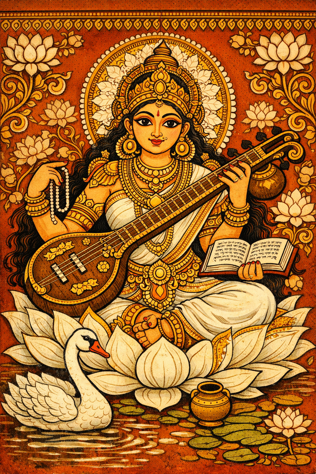 Goddess Saraswati Kerala mural temple art style HD wallpaper bold outlines terracotta earthy palette Veena book swan lotus borders