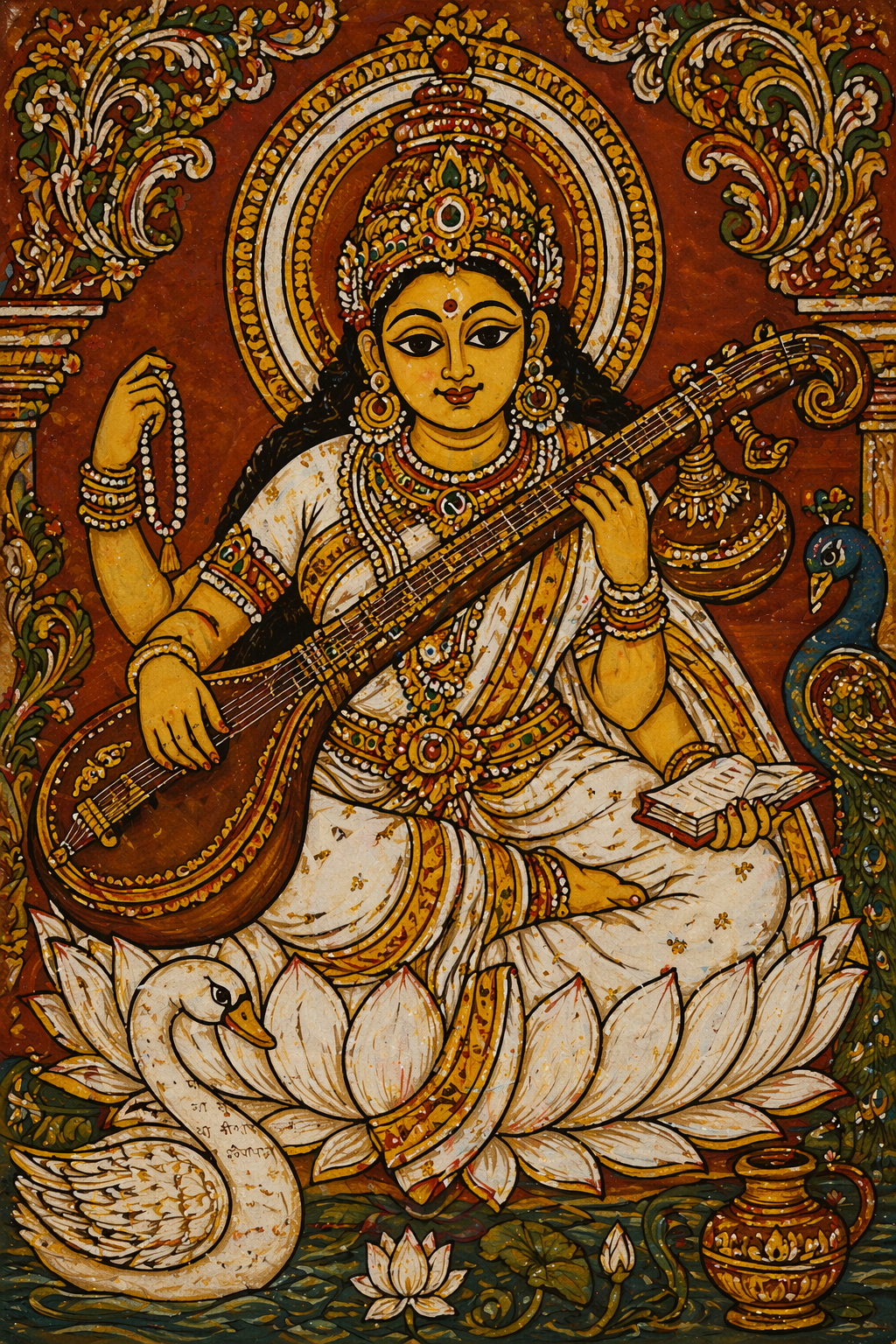 Goddess Saraswati Kerala mural art style HD wallpaper bold outlines red ochre background Veena swan lotus traditional temple painting