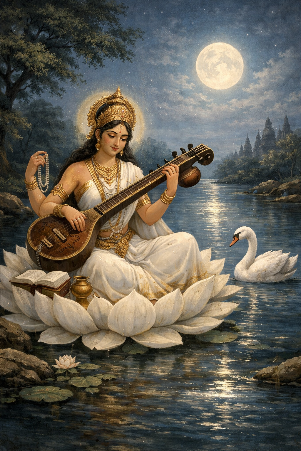 Goddess Saraswati playing Veena on lotus by moonlit river classical painting style swan moonlight reflection trees HD wallpaper